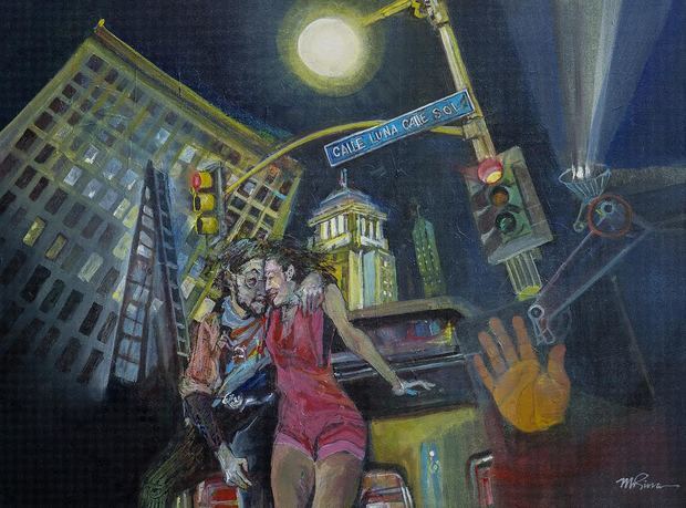 “Amor debajo del farol: calle Luna, calle Sol”, pintura del artista.