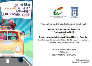 Invitación del XIX Festival de Teatro Aficionado Emilio Aparicio 2019.