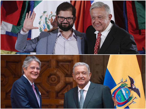 Combo de fotografías de archivo que muestra al presidente de México, Andrés Manuel López Obrador durante reuniones con el presidente de Chile Gabriel Boric (arriba) y el mandatario de Ecuador Guillermo Lasso (abajo) en Ciudad de México, México.