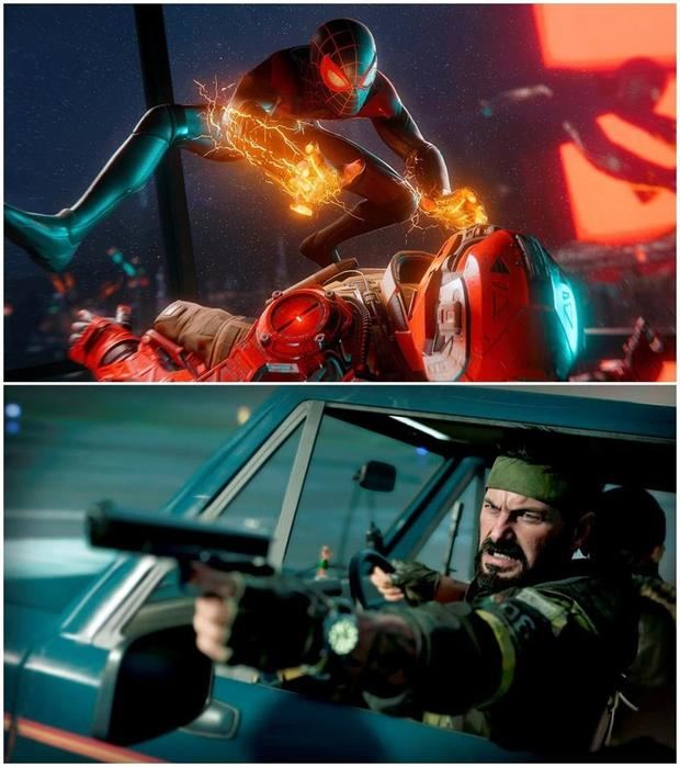 Combo de imágenes de los videojuegos 'Call of Duty: Black Ops: Cold War' (abajo) y 'Marvel's Spider-Man: Miles Morales' (arriba).