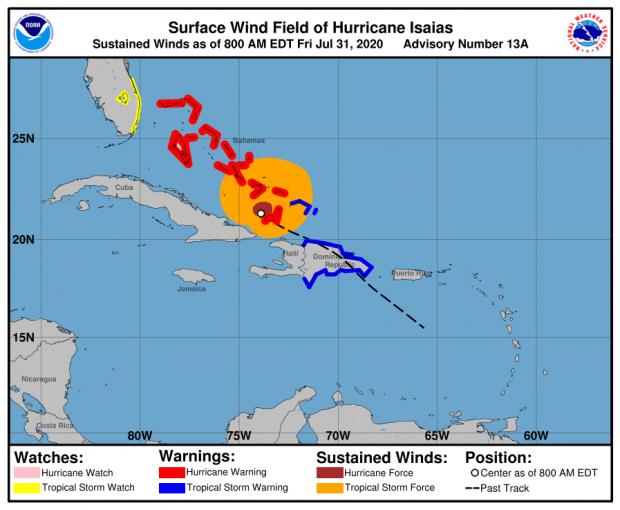 Huracán Isaías moviéndose sobre Las Bahamas