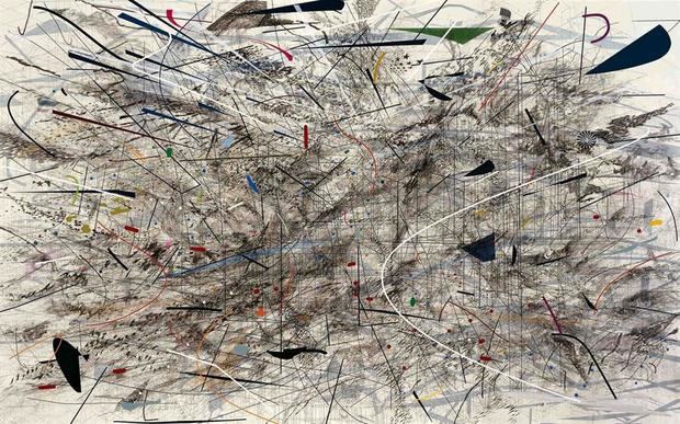 Fotografía personal cedida donde aparece la obra 'Black City' (2007) de la pintora de origen etíope, Julie Mehretu, que forma parte de una exposición que se podrá ver del 25 de marzo al 8 de agosto en el Whitney en Nueva York.