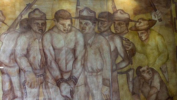 Detalle del mural “Matanza de haitianos (1937), que se exhibe en el Museo Memorial de la Resistencia Dominicana (MMRD), el 28 de septiembre de 2022, en Santo Domingo, R.Dominicana.
