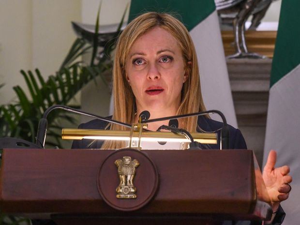 La primera ministra italiana, Giorgia Meloni, durante una rueda de prensa en Nueva Delhi, India.