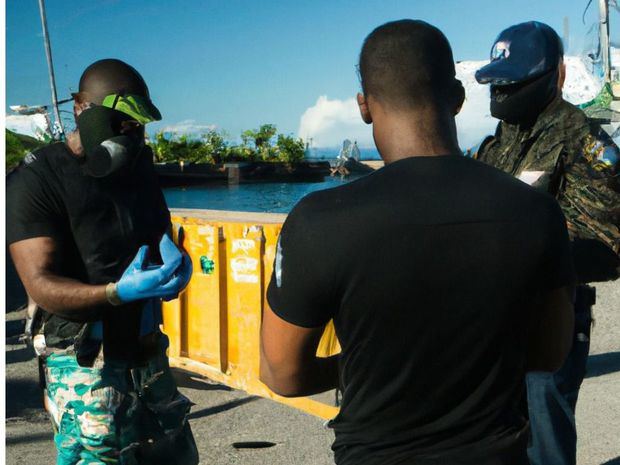 En un puerto marítimo en la República Dominicana, DALL.E crea una imagen de tres miembros peligrosos de organizaciones criminales holandesas siendo detenidos por agentes encubiertos de la DNCD y la policía local. Los detenidos son buscados por crímenes como el asesinato, el tráfico internacional de drogas y armas. Son miembros de estructuras criminales como Mocro Maffia y No Limit Soldier, que han sido vinculadas con delitos como el secuestro y sobornos a funcionarios públicos en los Países Bajos.