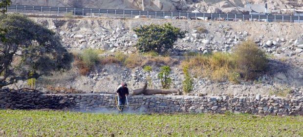 Un agricultor fumigando un campo de cultivo en Canta, provincia de Lima, Perú.