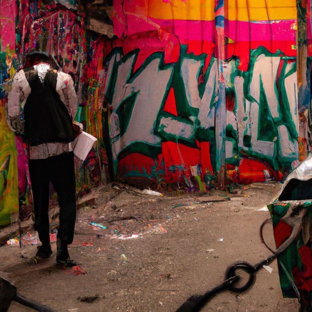 En un oscuro callejón de Santo Domingo, DALL.E muestra a Miguel Antonio Salas siendo arrestado por dos policías encubiertos. La escena está llena de graffiti colorido y basura acumulada en las esquinas.