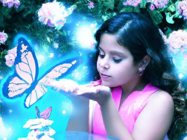Explora tu niña interior y crea una imagen de un jardín mágico lleno de flores brillantes, mariposas y hadas. ¿Qué colores ves? ¿Cómo es el aroma? ¿Puedes sentir la brisa suave en tu piel?