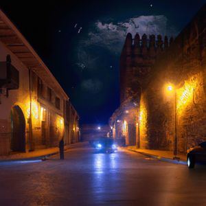 Crear una imagen de la Ciudad Colonial de Santo Domingo en la noche, con calles vacías y luces apagadas. En el fondo, se puede ver a los organismos de seguridad patrullando para mantener el orden.