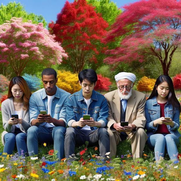 Un grupo diverso de personas sentadas en un parque, cada una mirando su teléfono, con un fondo de árboles y flores coloridas, reflejando la desconexión en un entorno natural.