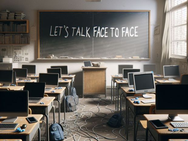 **Un aula vacía**: Un salón de clases desordenado con pupitres llenos de dispositivos electrónicos y pantallas apagadas. En la pizarra se lee \