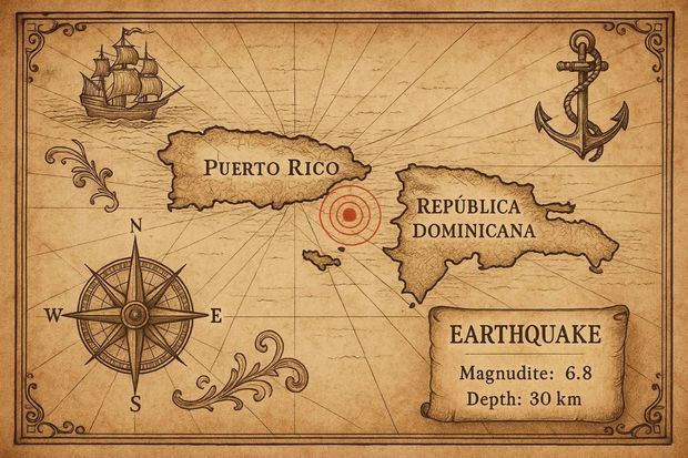 Un mapa antiguo que muestra la ubicación del terremoto entre Puerto Rico y República Dominicana, adornado con detalles náuticos y un compás, con una leyenda que indica la magnitud y profundidad del sismo.