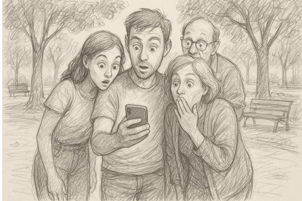 -[Estilo boceto a lápiz o dibujo a mano] Un grupo de personas observando un teléfono móvil en un parque, con expresiones de sorpresa y admiración. El fondo muestra árboles y bancos, creando un ambiente cotidiano y humano que contrasta con la fascinación por las vidas idealizadas que ven en las redes sociales.