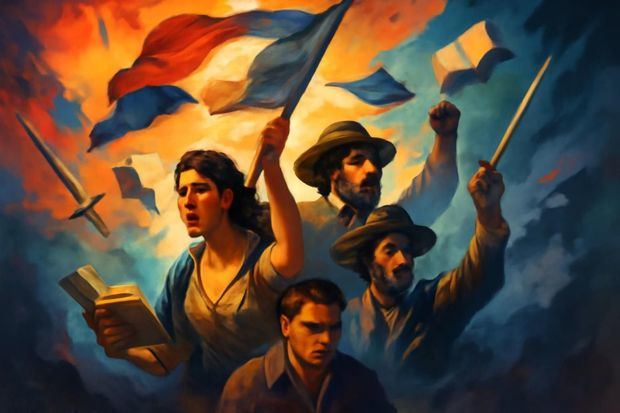 -[Estilo ilustración digital o arte conceptual] Una representación simbólica de la lucha por la independencia, con figuras heroicas que emergen de un fondo vibrante lleno de colores cálidos y frías sombras. Elementos como espadas, libros y banderas flotan alrededor, evocando el espíritu de libertad y dignidad.