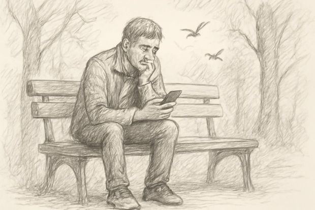 -[Estilo boceto a lápiz o dibujo a mano] Un hombre sentado en un banco del parque, mirando su teléfono móvil con expresión pensativa. A su alrededor, se dibujan árboles y pájaros volando, sugiriendo la belleza de la naturaleza que lo rodea mientras él parece desconectado.
