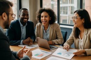 -[Estilo fotográfico realista] Una reunión en una oficina moderna, con un grupo diverso de personas sentadas alrededor de una mesa, discutiendo animadamente. La luz natural entra por grandes ventanales, iluminando rostros sonrientes y papeles con gráficos positivos sobre comunicación.