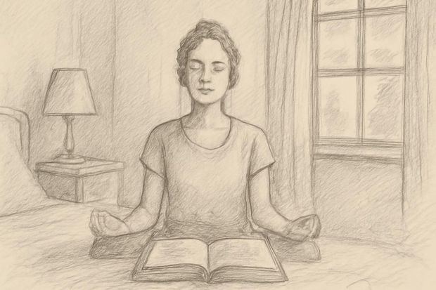 Persona meditando en su habitación, con una Biblia abierta y luz del atardecer filtrándose por la ventana.