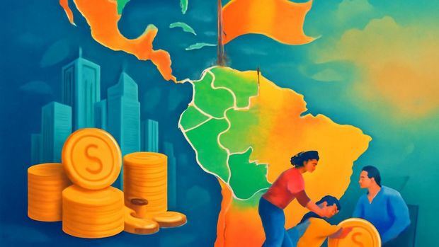Mapa de América Latina con Costa Rica en el centro, rodeado de símbolos de libertad económica y progreso.