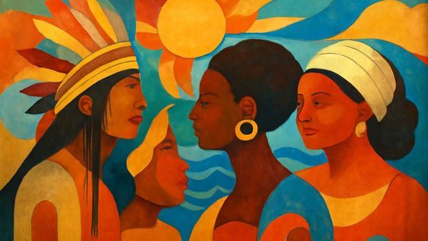 Mural digital en la República Dominicana, simboliza la diversidad cultural con figuras abstractas y colores vibrantes.