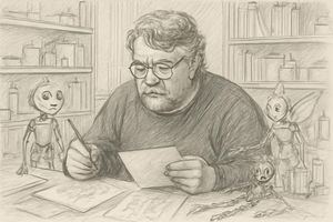 Guillermo del Toro trabaja en su taller de París, rodeado de marionetas y herramientas de animación stop motion.