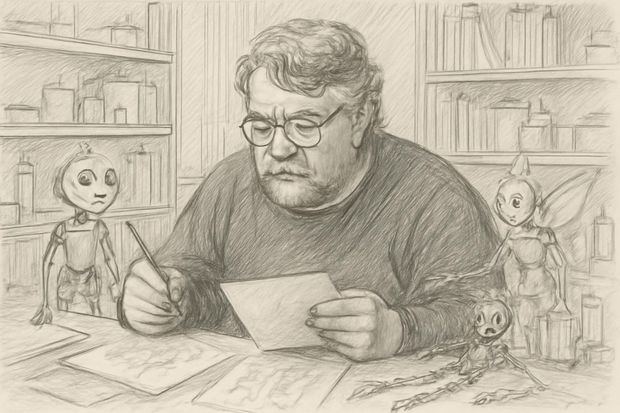 Guillermo del Toro trabaja en su taller de París, rodeado de marionetas y herramientas de animación stop motion.