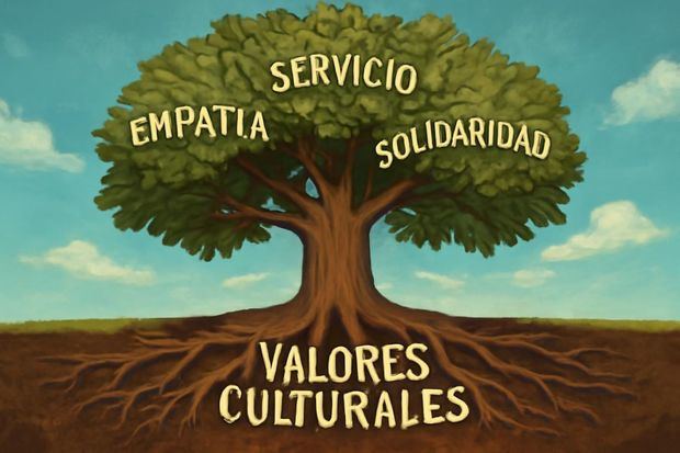 Árbol gigante con raíces de valores culturales y hojas de palabras como