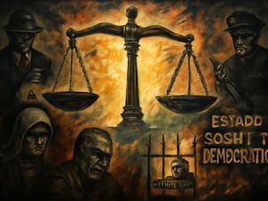 Mural digital simboliza la balanza de la justicia desequilibrada, rodeada de figuras de corrupción y derechos violados.