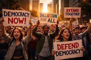 Jóvenes manifestantes sostienen pancartas sobre democracia en una ciudad moderna al atardecer, ante rascacielos.