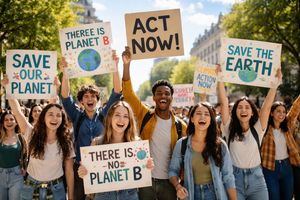Jóvenes activistas protestan en una plaza, sosteniendo pancartas bajo un cielo azul y rodeados de edificios históricos.