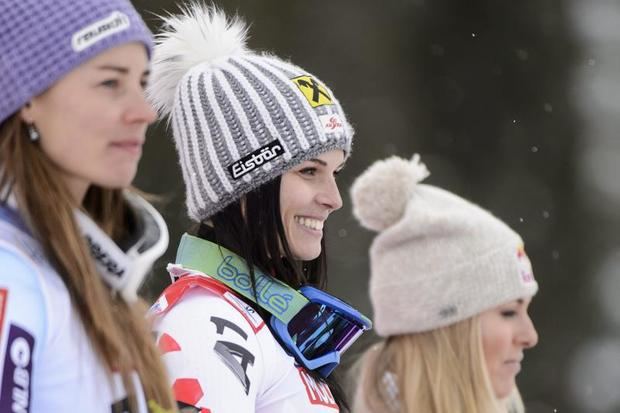 La eslovena Tina Maze (i), la austriaca Anna Fenninger (c), y la estadounidense Lindsey Vonn.