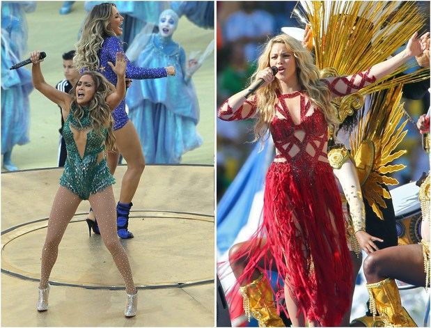 Combo de fotografías de archivo que muestran a las cantantes Jennifer López (i) y Shakira durante sus presentaciones en la ceremonia de apertura y clausura, respectivamente, del Mundial de la FIFA Brasil 2019. Jennifer López y Shakira cantarán en el codiciado medio tiempo del Super Bowl LIV, la final del torneo de fútbol americano en Estados Unidos que se realizará en el estadio Hard Rock de Miami el 2 de febrero de 2020.