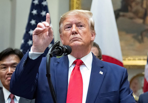 US President Donald J. Trump takes questions from the press after the US-Japan Trade Agreement and US-Japan Digital Trade Agreement were signed in the Roosevelt Room of the White House in Washington, DC, USA, 07 October 2019.
