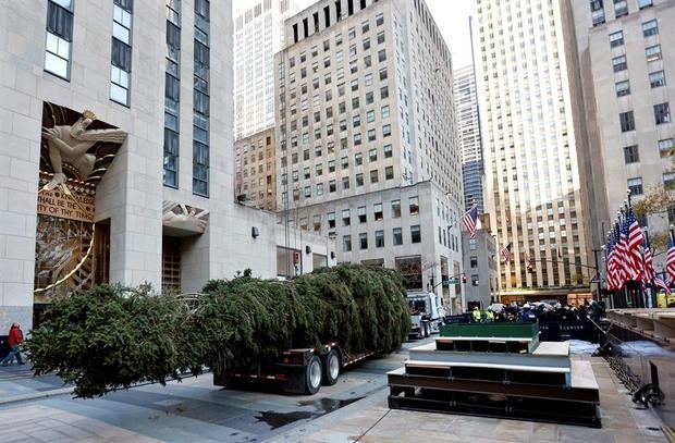 El árbol de Navidad del Rockefeller Center, de 75 pies de altura, llega al Rockefeller Center en Nueva York.