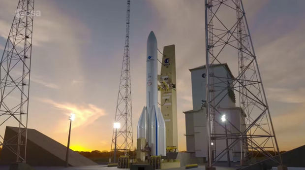Imagen del cohete Ariane 6 en el puerto espacial europeo de la Guayana Francesa.
