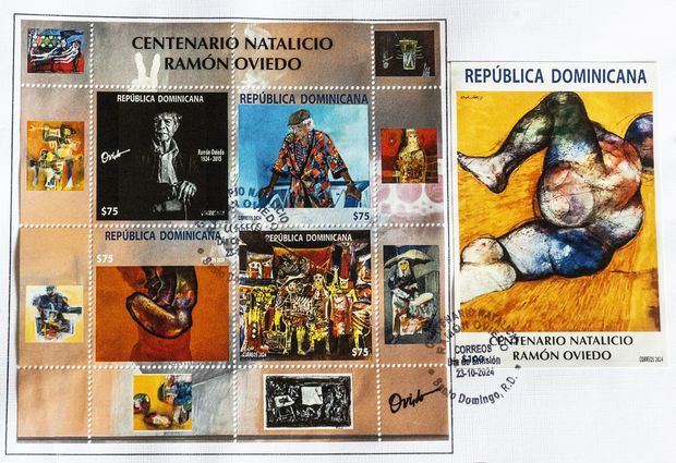 Sellos postales que conmemoran el centenario del nacimiento de Ramón Oviedo, maestro ilustre de la pintura dominicana.