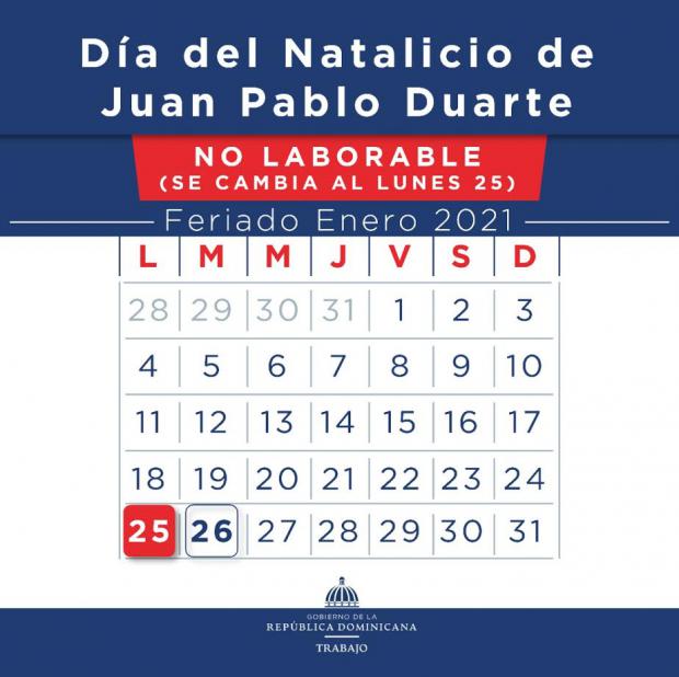Ministerio de Trabajo reitera feriado natalicio “Juan Pablo Duarte” se cambia para el lunes 25 de enero