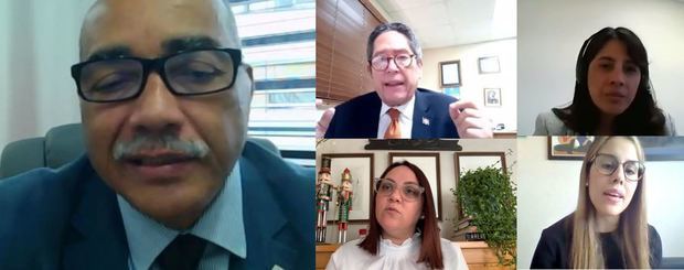 Los expositores del webinar: Fernando González Nicolás, presidente de la Mesa Redonda de los Países de la Mancomunidad en la República Dominicana; Miguel Díaz, viceministro de minas del Ministerio de Energía y Minas; Elizabeth Mena, presidenta de la Asociación Dominicana de Exportadores (Adoexpo); Waleska Rivera, agregada comercial de la embajada de Canadá, y Franchesca Ortíz, vicepresidenta ejecutiva de la Cámara Británica.