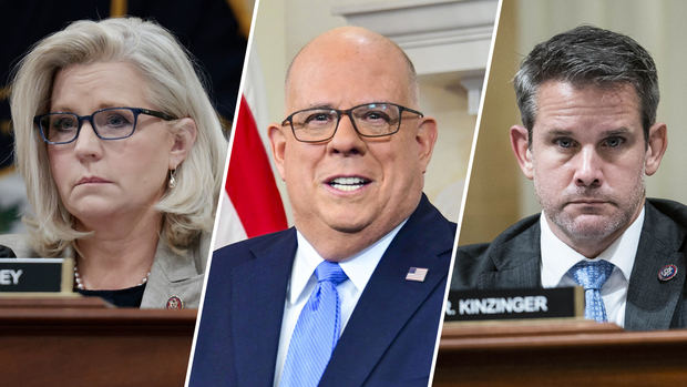 De izquierda a derecha: Rep. Liz Cheney, R-Wyo., gobernador de Maryland Larry Hogan y Rep. Adam Kinzinger, R-III.