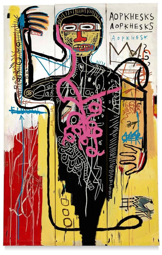 Fotografía cedida por Sotheby's donde se muestra la obra 'Versus Medici' (1982) del estadounidense de origen haitiano y puertorriqueño Jean Michel Basquiat que formará parte de la subasta vespertina del Siglo XX que celebrará esta casa de subastas la próxima semana.