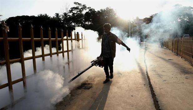 Vista de la silueta de un trabajador de la administración pública de Bangalore durante una fumigación para erradicar la amenaza de los mosquitos en el lago Ulsoor, en India. 