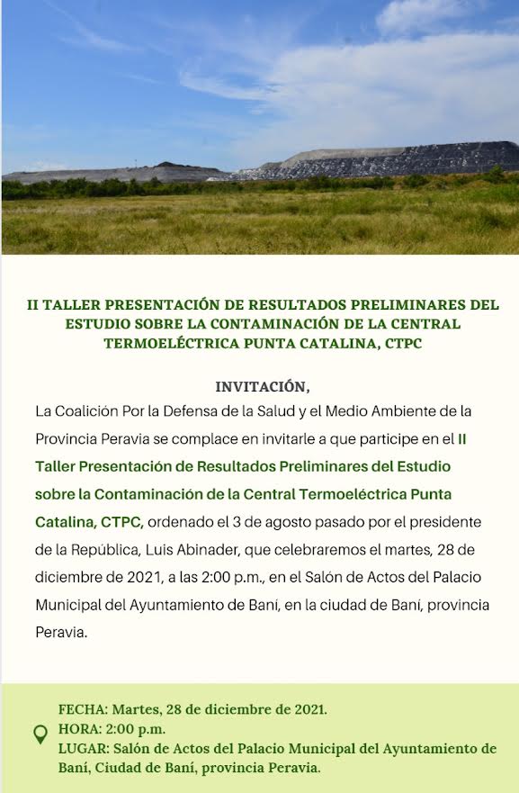 Versión digital de la invitación al II Taller Presentación de Resultados Preliminares del Estudio sobre la Contaminación de la Central Termoeléctrica Punta Catalina, CTPC.