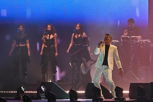 El cantante Alejandro Sanz durante el concierto que ofreció este sábado en el Wanda Metropolitano, en Madrid.