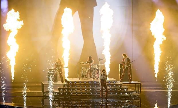 Los italianos Maneskin durante un ensayo de la gran final del Festival de Eurovisión 2021 en el Ahoy Arena de Róterdam. 