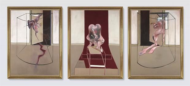 Fotografía cedida por Sotheby's donde se muestra un tríptico del británico Francis Bacon y se estima podría venderse por un mínimo de 60 millones de dólares y un máximo de 80. 