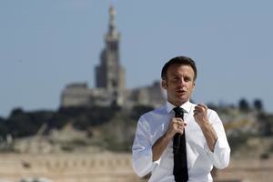 El presidente francés y candidato a la reelección, Emmanuel Macron, interviene durante un acto electoral celebrado este sábado en Marsella.