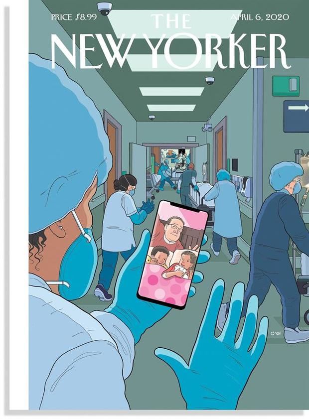 Fotografía divulgada por la revista The New Yorker donde se muestra su última portada titulado 'Bedtime' (La hora de dormir) con un dibujo de Chris Ware que muestra a una doctora mientras da las buenas noches a su marido e hijos a través de la pantalla de un teléfono móvil en un pasillo hospitalario repleto de médicos y enfermeras en acción, ataviados con batas, guantes y mascarillas quirúrgicas. 