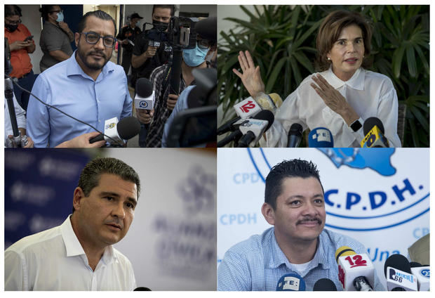 Combo de fotografías de archivo que muestra a los líderes opositores nicaragüenses Félix Maradiaga (i-arriba), Cristiana Chamorro (d-arriba), Juan Sebastián Chamorro (i-abajo), y Medardo Mairena.
