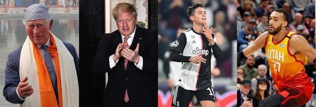 Combo de fotografías de izq a der el príncipe Carlos de Inglaterra, el primer ministro británico, Boris Johnson, Paulo Dybala, jugador del Juventus y Rudy Gobert, de los Jazz de Utah. Líderes políticos, artistas famosos, reconocidos deportistas y demás personajes de todos los ámbitos de la sociedad no escapan al coronavirus, una enfermedad que afecta a miles en el mundo sin ninguna diferencia.