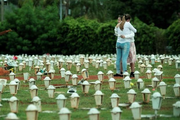Dos mujeres lloran durante el entierro de una víctima de la covid-19, en el cementerio de Campo da Esperança hoy en la ciudad de Brasilia, Brasil.