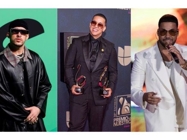 Combo de fotografías de archivo de izq. a der. de los cantantes Bad Bunny, Daddy Yankee y Romeo Santos.